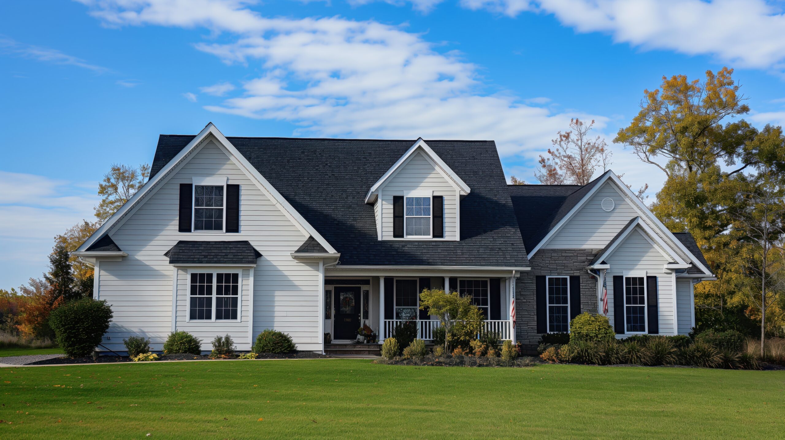 Beautiful modern suburban home with white siding, black shutters, and a large green lawn, surrounded by trees under a partly cloudy sky.